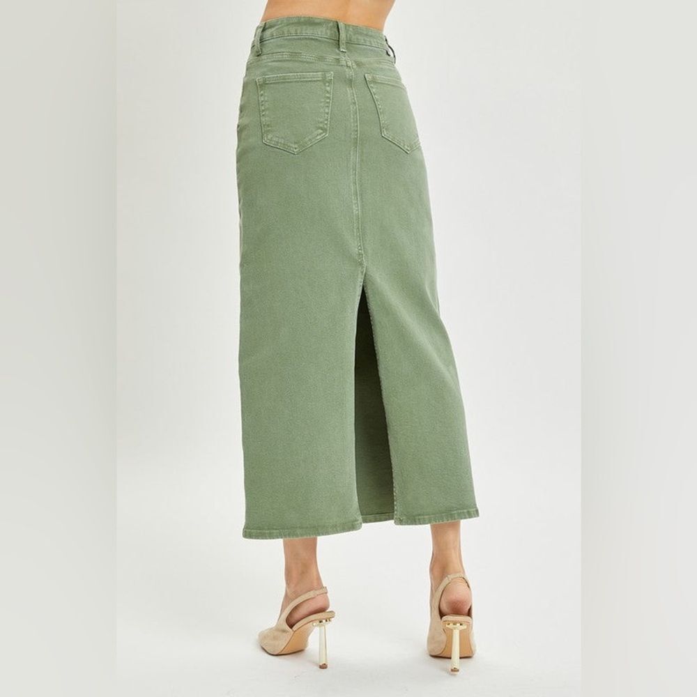 NWT Risen Olive Denim Maxi Skirt Size 1XL High Rise Stretch Midi Long Jean Skirt - Picture 4 of 12